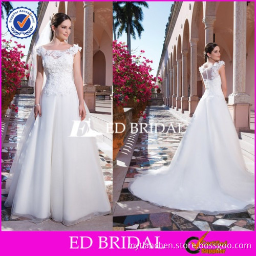 CE1254 Gorgeous 2016 A-Line Sheer Back Organza Lace Wedding Dresses With Cap Sleeves